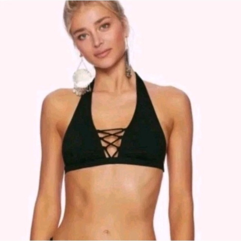 Beach Bunny Cameron Halter Bikini Top Black Lace Up 3XL New - Picture 2 of 5